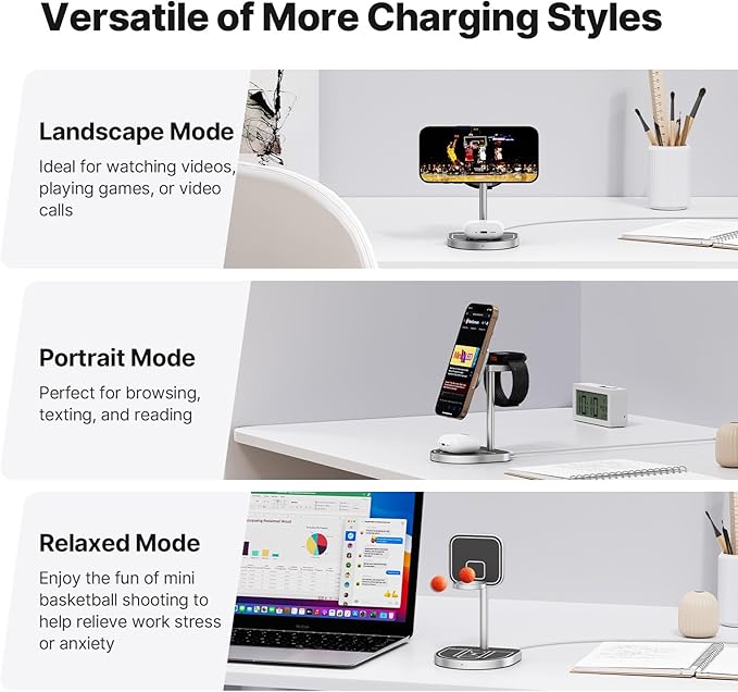 KU XIU X85 3-in-1 Wireless Charger Stand Magnetic Charging Station for iPhone 17–12 &amp iPhone Air Apple Watch S11–4/SE/Ultra AirPods 4/3/2/Pro – Adjustable Stand Basketball Court-Inspired Desig