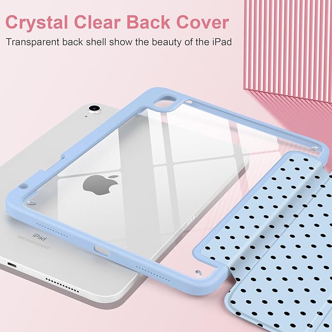 Case for iPad A16 11th Generation 11 inch 2025 iPad 10th Generation 10.9 inch 2022 -[Built-in Pencil Holder] Shockproof Clear Hard Back Trifold Stand Auto Wake/Sleep Blue Polka dot