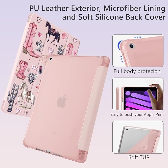 Cute Western Cowgirl Horse for iPad (A16) 11th Generation Case 11 Inch 2025 for iPad 10th Gen Case 10.9 Inch 2022 with Pencil Holder Auto Sleep/Wake Pink Leather Soft TPU Back Cover