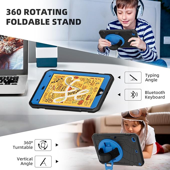 Case for iPad mini 5/4 with Screen Protector Pencil Holder [360 Rotating Hand Strap] &amp Stand Drop-Proof Case for iPad mini 5th/4th Generation 7.9 inch(Black+Sky Blue)