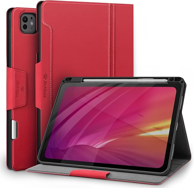Antbox for iPad Pro 11 Inch Case M5 2025/M4 2024 Built-in Pencil Holder Fully Supports Pencil Pro/USB-C Auto Sleep/Wake Function Vegan Leather (Red)