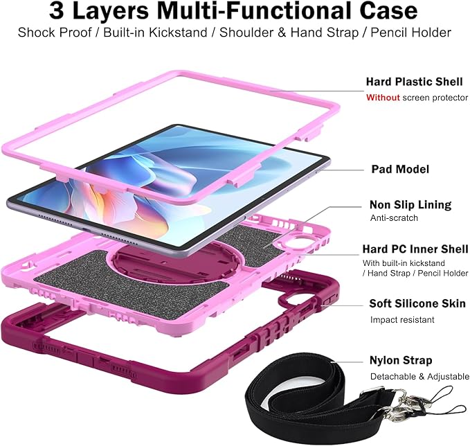 Tablet Case for Huawei MatePad Air 11.5/Huawei MatePad 11.5 S/Huawei MatePad 11.5 Tablet Shockproof Cover with 360° Rotating Stand and Wrist Strap Shoulder Strap Red Rose+Pink