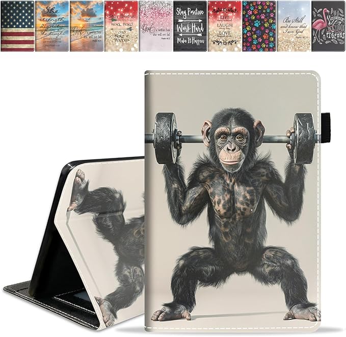 Case for Amazon Kindle Fire 7 Tablet (7 9th/7th Generation 2019/2017 Release) Slim PU Leather Cover with Card Slot &amp Auto Wake/Sleep Funny Orangutan Lifting Barbell