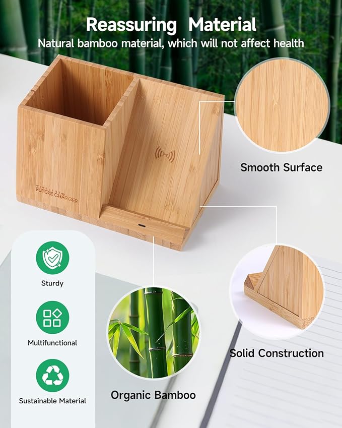 Bamboo Pen Holder for Desk &amp Nightstand Organizer with Fast Wireless Charging for iPhone Samsung &amp More – Office Desk Accessories for Men/Women (Bamboo)