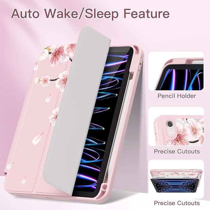 Teryeefi for iPad (A16) 11th Generation Case 11 Inch 2025 Release for iPad 10th Generation 10.9 Inch 2022 Protective Shell with Pencil Holder TPU+Crystal Hard Back CoverCherry Blossoms