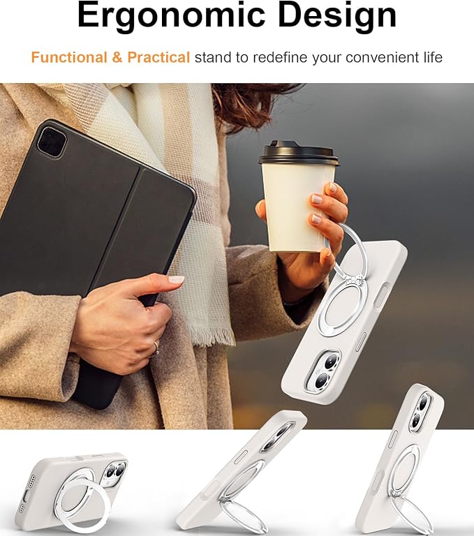 STERKER 360° Rotatable Stand Compatible with iPhone 17 Case with Magnetic [Military Grade Drop Tested][Adjustable Kickstand] Ring Holder Silicone Slim Back Soft Edge White