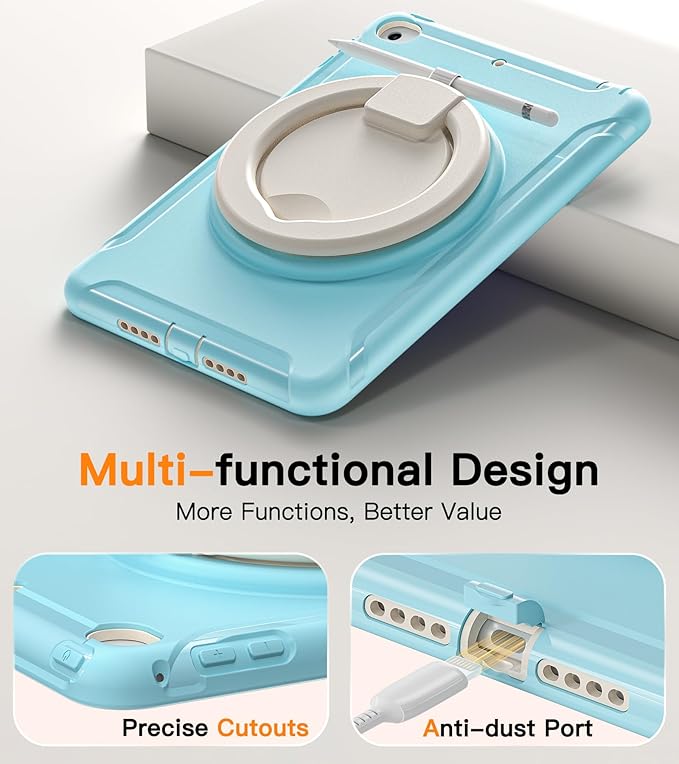BATYUE Shockproof Case for iPad mini 4/5 (2015/2019) - 360° Multi-Angle Stand (Portrait &amp Landscape) &amp Grip Pencil Holder (Elastic Loop) Multi-Scene for All Ages Frozen Blue