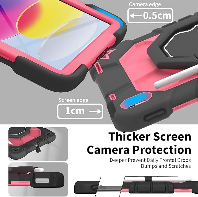 JKSML Case for iPad (A16) 11th Generation 11 Inch 2025 / iPad 10th Gen 10.9 Inch 2022 Military Grade Protection Cover with 360° Rotating Kickstand &amp Pencil Holder &amp Shoulder Strap (Black Rose