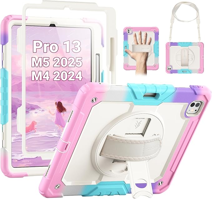 SEYMAC Case for iPad Pro 13 Inch M5 2025 / M4 2024 Heavy Duty Shockproof Protective Case with Screen Protector 360° Rotating Stand Hand/Shoulder Strap and Pen Holder Colorful/Pink