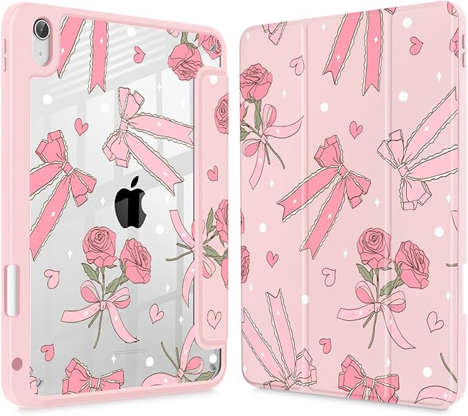 Tuiklol Case for iPad 11 inch (A16 Chip) 2025 Gen 11th / iPad 10.9 inch 2022 10th Gen Buit in Pencil Holder with Shockproof Cover Clear Transparent Back Shell Auto Wake/SleepBow &amp Rose