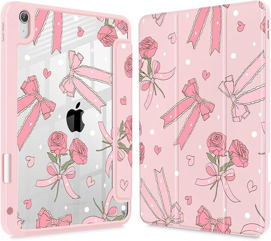 Tuiklol Case for iPad 11 inch (A16 Chip) 2025 Gen 11th / iPad 10.9 inch 2022 10th Gen Buit in Pencil Holder with Shockproof Cover Clear Transparent Back Shell Auto Wake/SleepBow &amp Rose