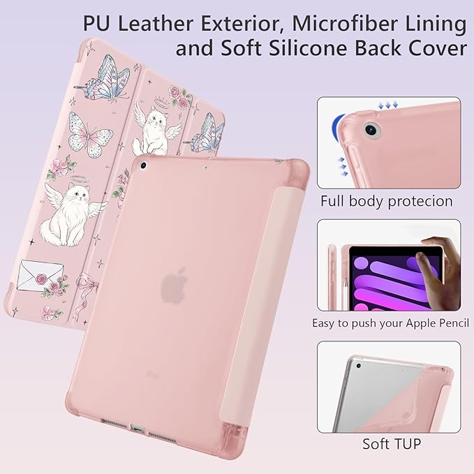 Cute Kawaii Cat Butterfly for iPad 7th/8th/9th Generation Case with Pencil Holder Auto Sleep/Wake Pink Leather Soft TPU Back Cover for iPad 10.2 Inch 2019/2020/2021