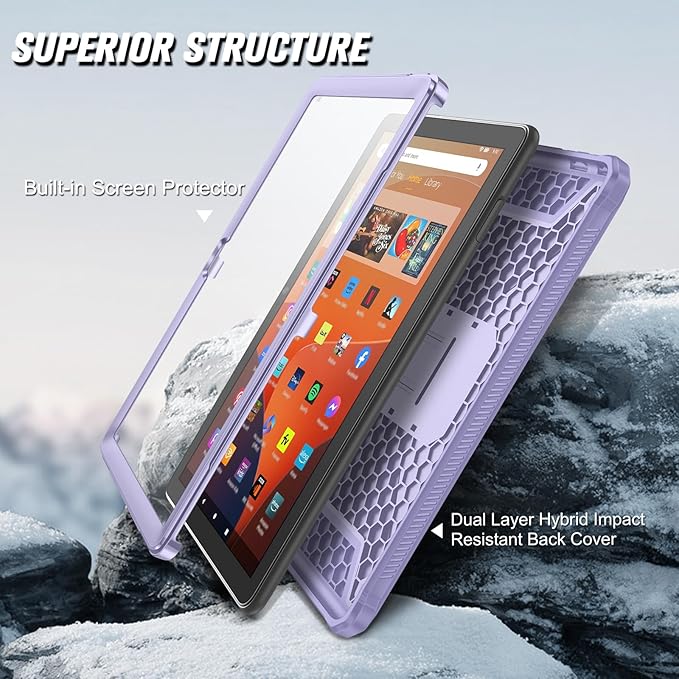 Fintie Shockproof Case for All-New Fire HD 10 Tablet (13th Generation 10.1 2023 Release) [Tuatara] Rugged Unibody Hybrid Bumper Kickstand Cover with Built-in Screen Protector Lilac Purple