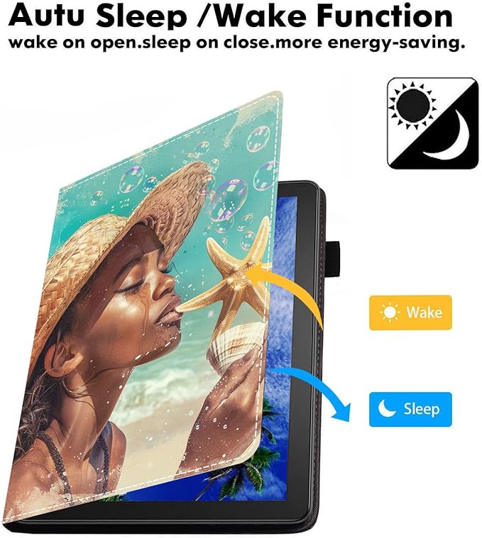 Case for Amazon Kindle Fire 7 Tablet (7 9th/7th Generation 2019/2017 Release) Slim PU Leather Cover with Card Slot &amp Auto Wake/Sleep Women Starfish Shell