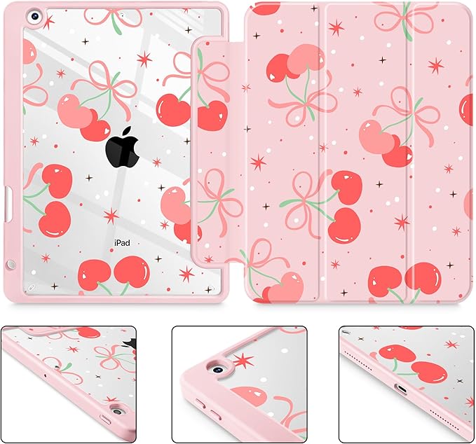 May Chen for iPad 9th Generation with Pencil Holder iPad 8th/7th Gen Case 10.2-inch [Penceil Holder] Trifold Stand Auto Wake/Sleep Clear TPU Protection Back Cover Coquette Cherry