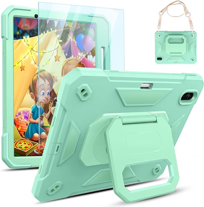 KCJ for iPad Air 11 Inch Case M3 2025 7th Generation &amp M2 2024 6th Generation with Tempered Glass Screen ProtectorRugged Protective Case with Folding Stand/Pencil Holder/Shoulder Strap (Mint Gre