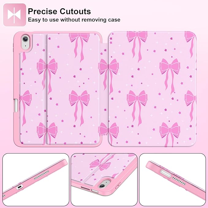Supveco Case for iPad (A16) 11th Generation 11 inch (2025)iPad 10th Generation 10.9 inch (2022) with Pencil HolderPremium Folio Stand Case with Soft TPU Back CoverAuto Wake/Sleep-Pink Bows