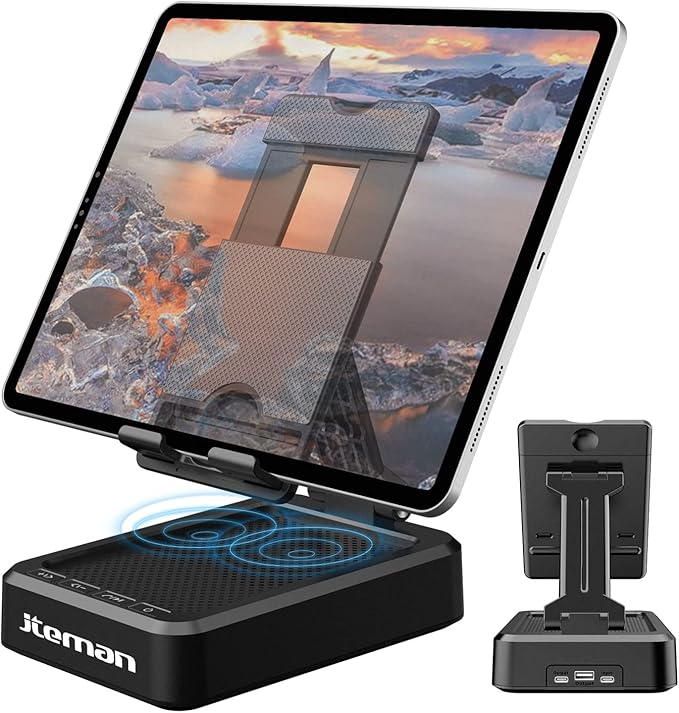 JTEMAN Tablet Stand Adjustable with Bluetooth SpeakersKitchen GadgetsGifts for Women MenWireless Bluetooth Speaker Tablet HolderDesk Mic Charging Sation Compatible with Phones and Tablet