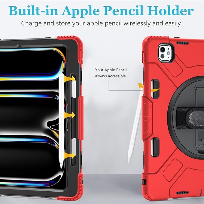 Case for iPad Pro 13 Inch M5 2025/ M4 2024: Military Grade Cover for iPad Pro 13 with Screen Protector - Stand - Handle - Shoulder Strap - Pencil Holder- Red