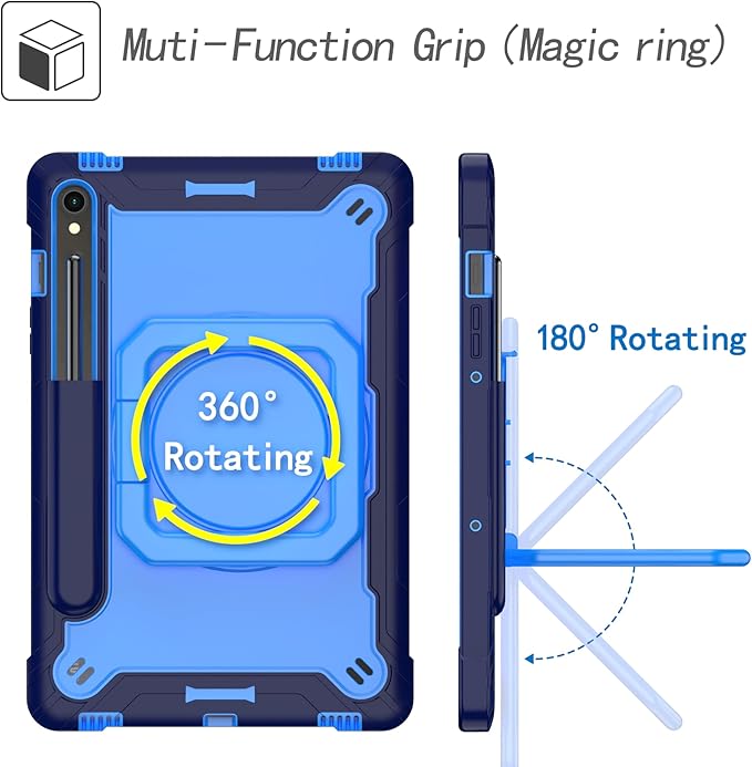 Case for Galaxy Tab S9 FE+/Tab S9+ 12.4 inch Rugged Armor Heavy Duty Hybrid Cover with Adjustable Stand and Handle for Tab S9 Plus 12.4 with Shoulder Strap and S Pen Holder (Blue/Light Blue)