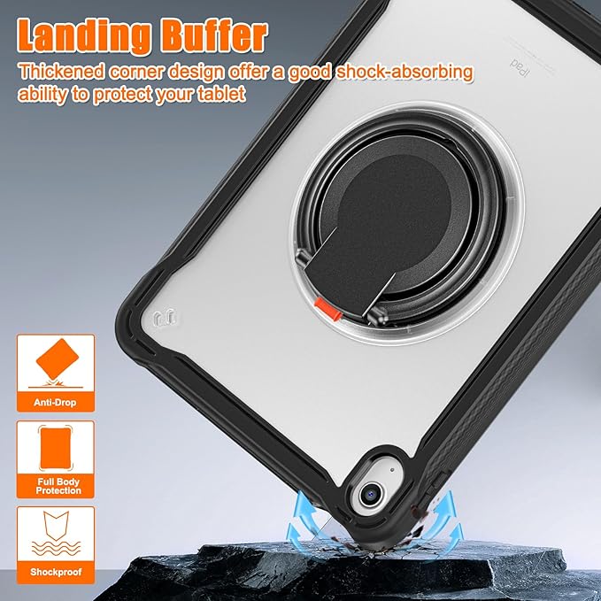 Batianda Ultimate Protective Case for New iPad 11th Generation 11 inch 2025 A16 Chip Sturdy Rugged Shockproof Silicone Tablet Cover with 360° Rotatable Ring Kickstand &amp Pencil Holder Black