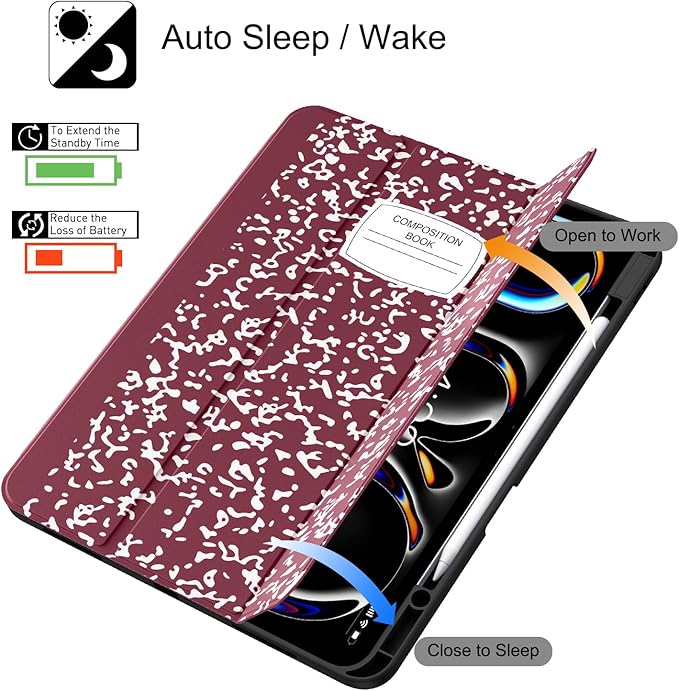 Soke Case for New iPad Pro 13 Inch (M5/M4 2025/2024 Release) with Pencil Holder Trifold Stand Shockproof [Support Apple Pencil Charging + Auto Wake/Sleep] Soft TPU Back Cover Book Wine