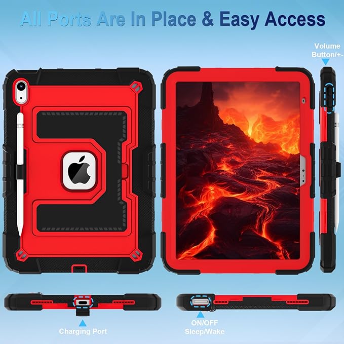 WESOROL Case for iPad A16 11th Generation 11 Inch (2025) iPad 10th Generation 10.9 Inch (2022)i Pad A16 Case Military Grade Shockproof Cases with Pencil Holder Shoulder StrapBlack Red