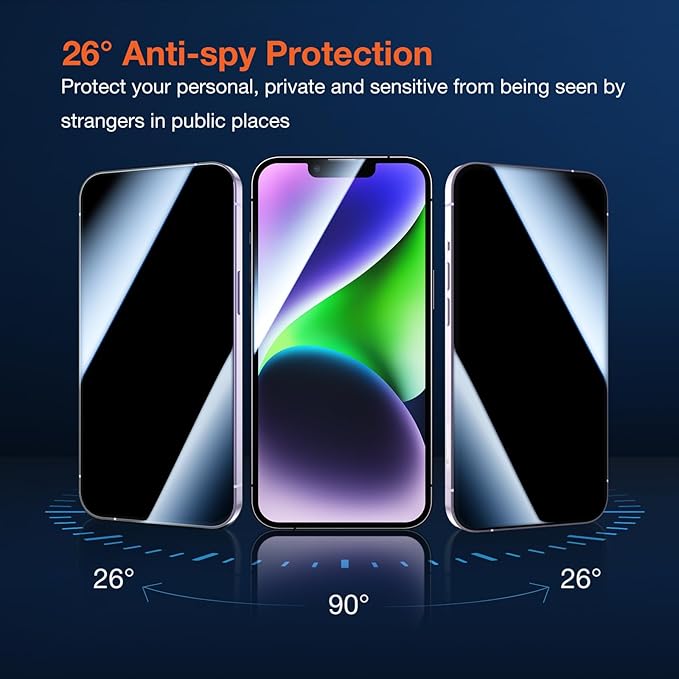 2 Pack Privacy Screen Protector for iPhone 14 Plus 9H+ Tempered Glass Anti Spy Private Film Easy Installation Auto Alignment Dust Removal Military-Grade Protection Bubble-Free