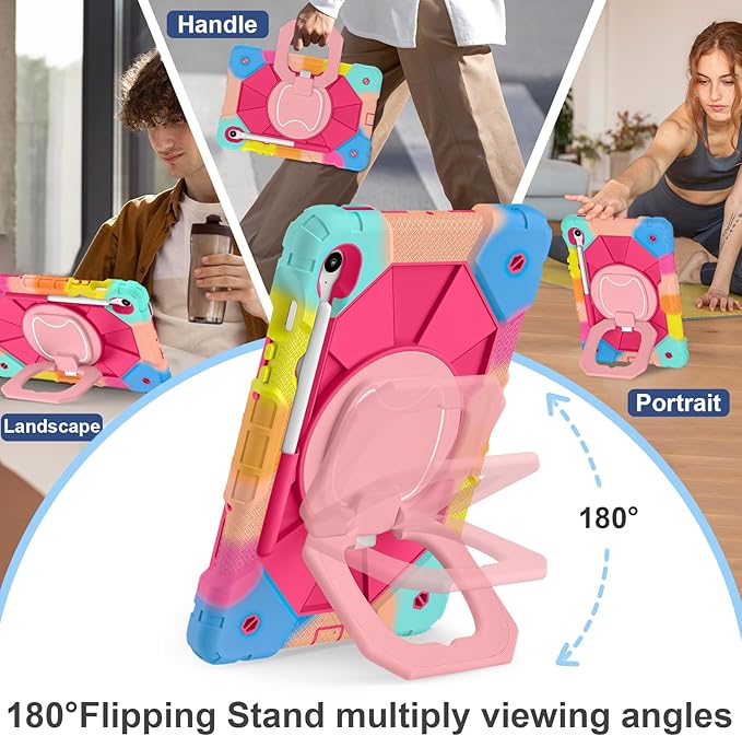 Case for Samsung Galaxy Tab S10 Lite/S10 FE/S9 FE 10.9 Inch Samsung Tab S9 11 Inch Rugged Galaxy S10 Tablet Cover with Pen Holder 360 Rotating Stand Shoulder Strap Screen Protector Rainbow