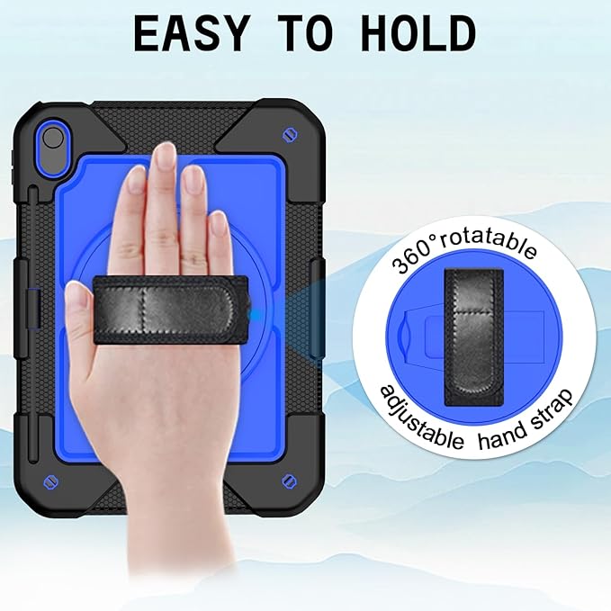 MENZO Case for iPad A16 11th Generation 11 Inch 2025 iPad 10th Gen 2022 10.9 inch 360° Rotating Stand Built-in Pencil Holder Convenient Hand and Shoulder Strap Durable Shockproof Black+Deep Blue