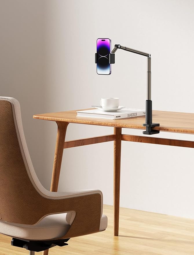 JSAUX Phone Holder for Desk and Bed Compatible with iPhone 17 16 15 14 13 12 Overhead Phone Mount Gooseneck Phone Stand Flexible 360 Lazy Long Arm Clamp Clip for Table Bedside [1-Pack Black]