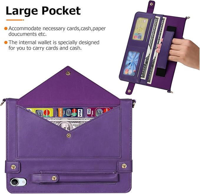 Dteck for iPad 10th Generation Case 2022 Premium PU Leather Business Stand Smart Auto Wake/Sleep Cover Shoulder/Hand Strap Card Slots Wallet Case with Pencil Holder for iPad 10th Gen 10.9Purple