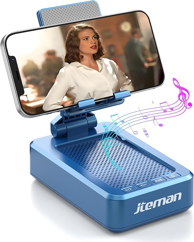 JTEMAN Phone Stand with Wireless Bluetooth Speaker HD Surround Sound Bluetooth Speaker for Desk Perfect for Home Kitchen Gadgets GiftsCompatible with iPhone/ipad/Samsung Galaxy(Blue)
