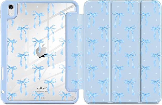 MecBevia Case for iPad Air 11-inch M4 2026 / M3 2025 / M2 2024 Slim Protective Cover with Built-in Pencil Holder Auto Wake/Sleep Blue Ribbon Coquette