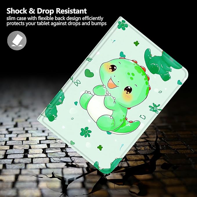 DIGTIALLL Case for Amazon Kindle Fire HD 8 Tablet (8th / 7th / 6th Generation - 2018 2017 and 2016 Release) PU Leather Smart Protective Cover with Auto Sleep/WakeCute Green Dinosaur