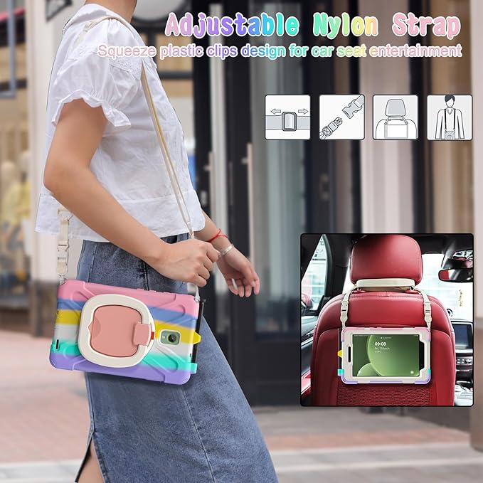 Rugged Case for Samsung Galaxy Tab Active5 5G (SM-X306B/X300) w/ 360° Rotating Hanging Ring Handle Grip Kickstand Heavy Duty Shock-Proof Armor Cover w/Shoulder Strap Stylus Holder (Macaron)