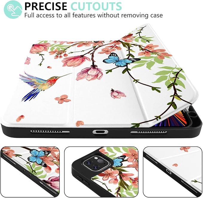 MEEgoodo for iPad Pro M2 12.9 Case 6th/5th/4th/3rd Generation 2022 2021 2020 2018 with Pencil Holder Tablet Cover with Soft TPU Back Shell Birds &amp Flowers