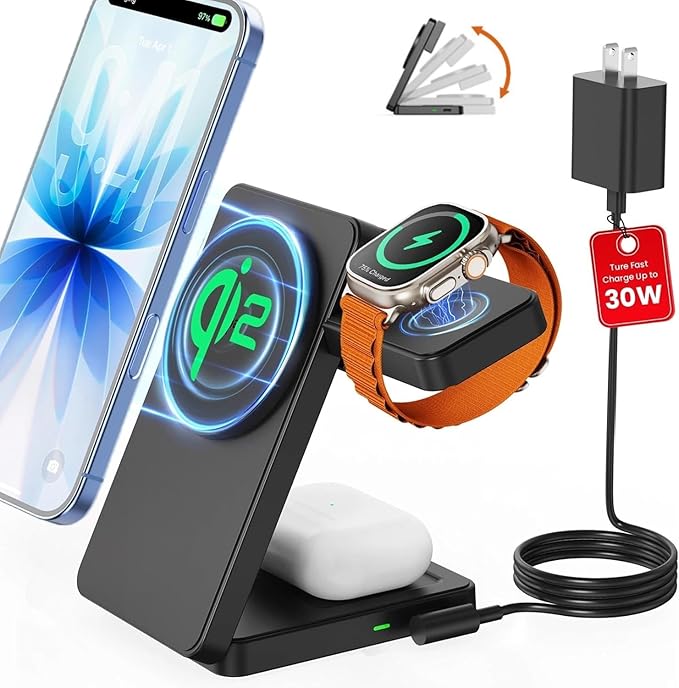 Magnetic Wireless Charging Station for Apple: Upgraded Qi2 Certified 15W 3-in-1 Magsafe Wireless Charger Stand Foldable Travel Fast Charger for iPhone 17 16 15 14 13 12 Series Apple Watch AirPods