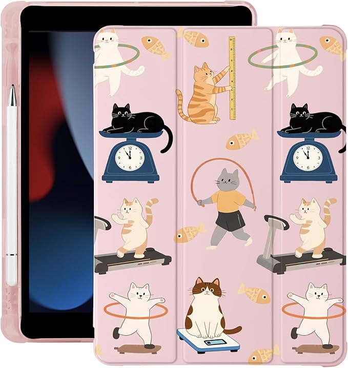 Cute Kawaii Cat Kitten for iPad Pro 11 Inch Case (M5/M4) 2025/2024 with Pencil Holder Auto Sleep/Wake Pink Leather Soft TPU Back Cover