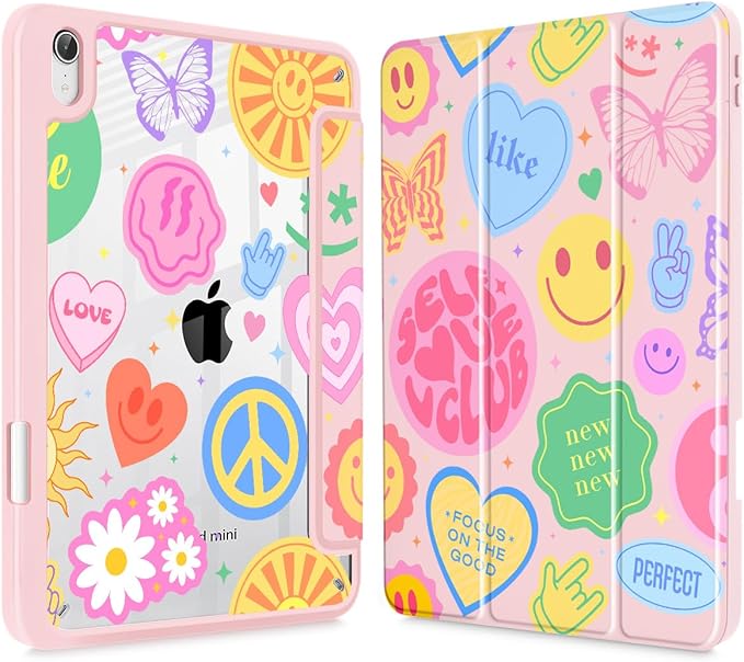 May Chen Hybrid Slim Case for iPad mini 7 (A17 Pro 7th Generation) 2024 / iPad mini 6 (6th Gen) 8.3 Inch [Built-in Pencil Holder] Shockproof Cover Clear Clear Back Shell Auto Wake/Sleep Smile Art