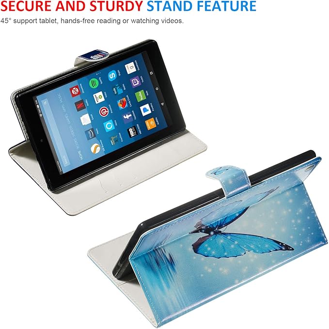 Dteck for Fire HD 8 Tablet Case (8th/7th/6th Generation-2018/2017/2016 Release) 8 Lightweight Folio Fold Case with Card Slots &amp Stand Function PU Leather Protective Cute Cover Blue Butterfly