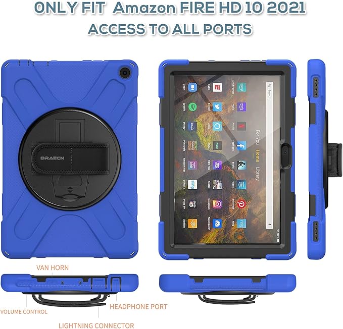 BRAECN Case for Amazon Fire HD 10 11th Generation 2021 / Amazon Fire HD 10 11th Generation 2021 Heavy Duty Kids Case with Hand Strap Kickstand and Shoulder Strap for Fire HD 10 2021 Tablet-Blue