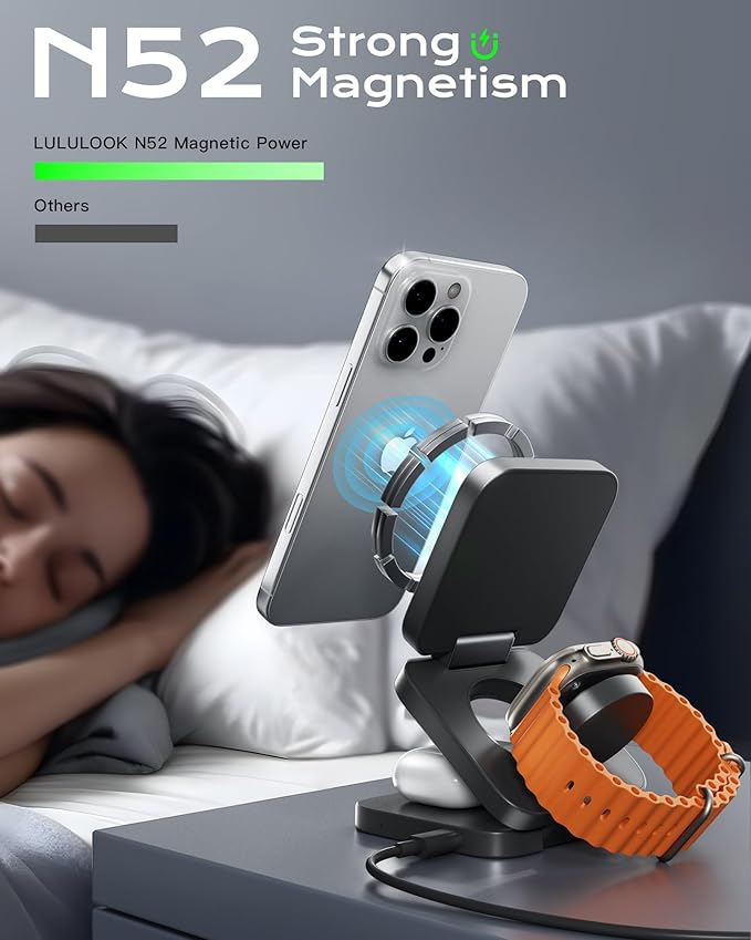 Qi2 Certified 3 in 1 Travel Charger MagSafe Compatible Upgraded Foldable Wireless Charger Stand Mag-Safe 3 in 1 Charging Station15W Fast Charging for iPhone 17/16/15/14/13/12 Apple Watch AirPods
