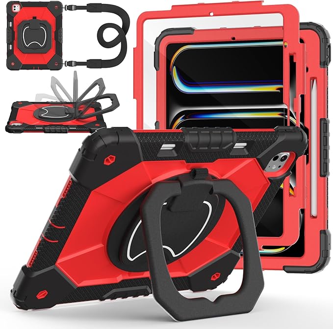 Case for iPad Pro 13 Inch M5 2025 / M4 2024 Auorld for iPad Pro 13 Inch M5 2025 with Screen Protector 360 Degree Rotating Stand Shoulder Strap Pencil Holder Black Red