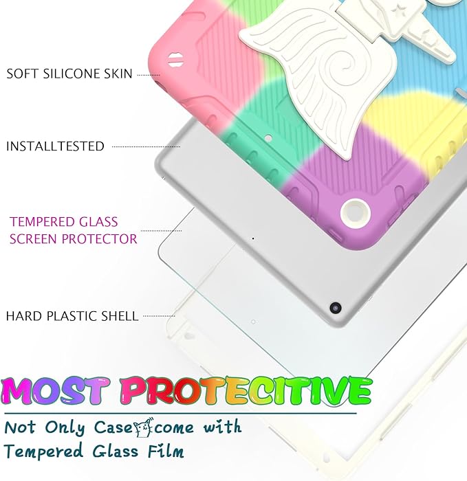 Ambison Case for iPad 9th/8th/7th Generation 10.2'' with Tempered Glass Screen Protector Shockproof Protective Cover Unicorn Stand Shoulder Strap for iPad 2021/2020/2019 Kids Girls - Multipuple