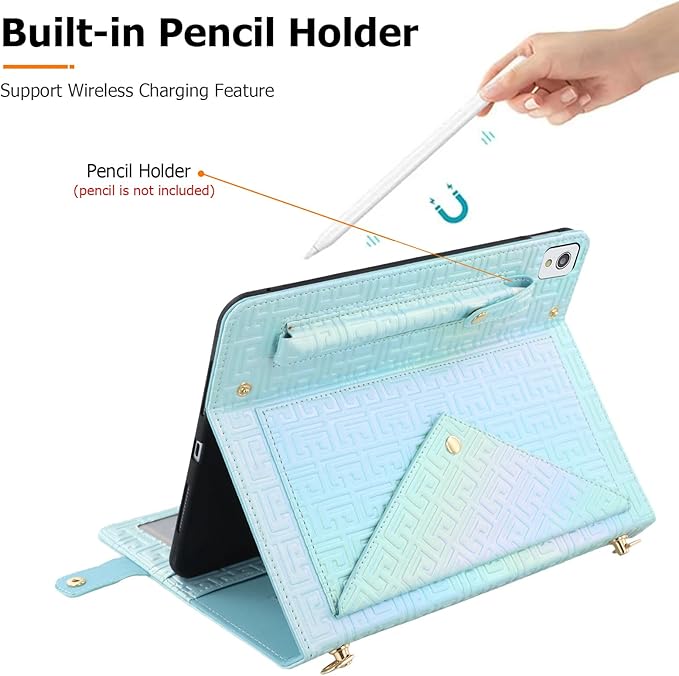 Dteck iPad 10th Generation Case 10.9 2022 - Luxury Sparkle PU Leather Kickstand With Pencil Holder Shoulder Hand Strap Card Slots Shockproof Protective Magnetic Pockets Wallet Lightblue