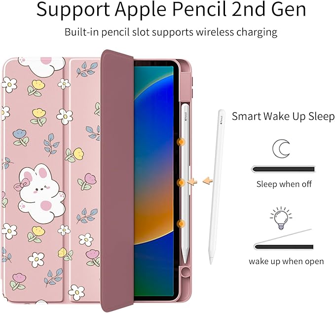 Cute Bunny Flower for iPad Pro 12.9 Inch Case 5th/6th Generation 2022/2021/2020 with Pencil Holder Foldable Pink Leather Cover Case Support Auto Sleep Wake
