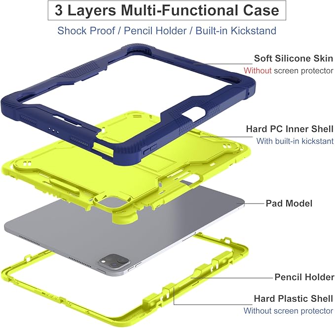MAKEIT CASE for ipad Pro 11 Inch Case 2024 M4 with Pencil Holder Shockproof Premium Smart iPad Case and Kickstand Support Touch ID and Auto Wake/Sleep Navy Blue