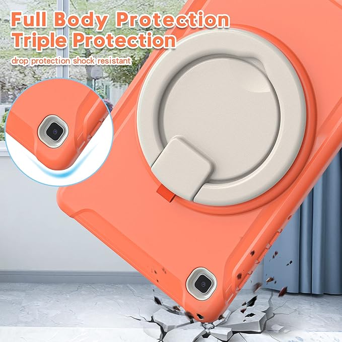Shockproof Case for Samsung Galaxy Tab A7 Lite 8.7 Tablet Techcircle Rotating Stand Handle Heavy Duty Bumper Hybrid Cover Protective Case for Galaxy Tab A7 Lite (2021) SM-T220/T225 Coral Orange