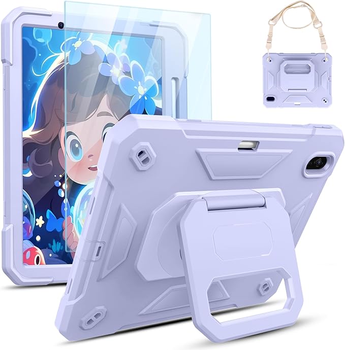 KCJ for iPad Air 11 Inch Case M3 2025 7th Generation &amp M2 2024 6th Generation with Tempered Glass Screen ProtectorRugged Protective Case with Folding Stand/Pencil Holder/Shoulder Strap